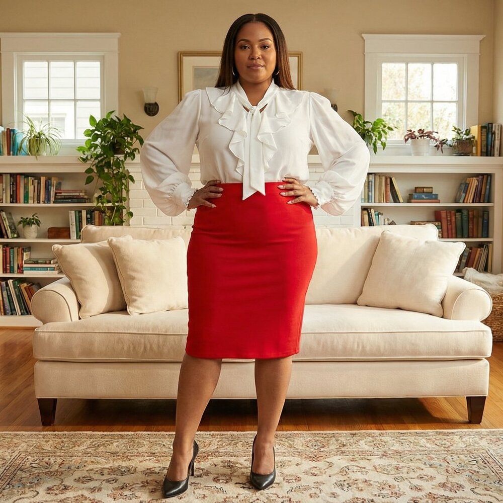 Red High-Waisted Pencil Skirt | Stretch Knit | Size 1X | Classic Workwear